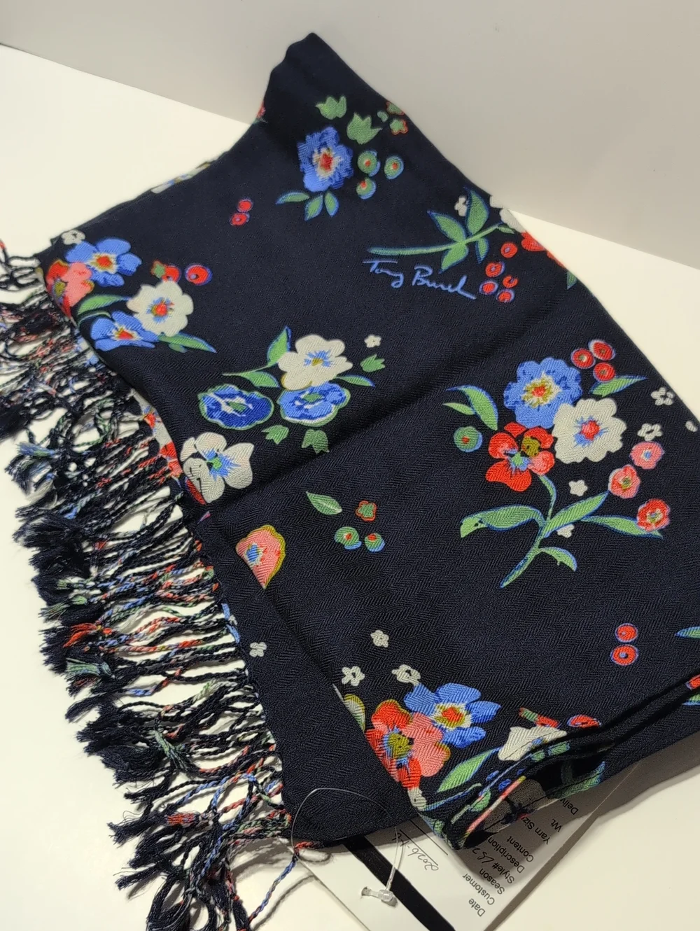 Tory Burch Navy Floral Oversized Scarf with Fringe